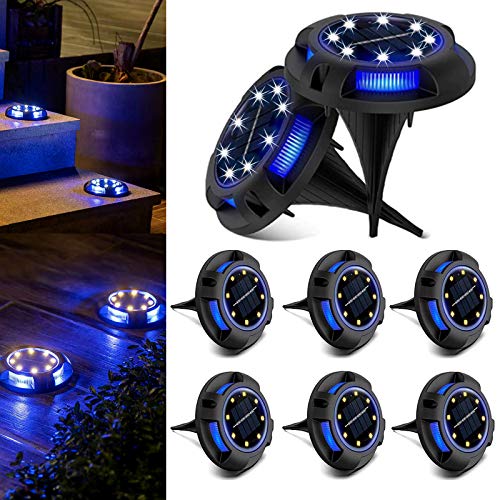 Raising Witt Solar Ground Lights Outdoor 8 Packs LED Disk Lights Solar Powered Waterproof In-ground Lights For Garden Deck Stair Step Lawn Patio Driveway Walkway Pathway Yard decoration (White + Blue)
