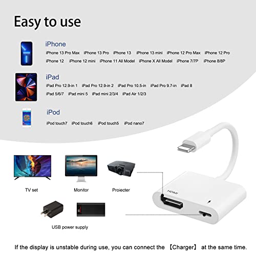 Unitrox HDMI Adapter, 1080P Audio Digital AV Adapter, HD Video HDMI Sync Screen Converter with Power Port for iPhone 14/12/11/X/8/7, iPad, Support TV/Projector/Monitor [No Need Power] | The Storepaperoomates Retail Market - Fast Affordable Shopping