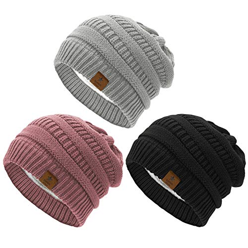 Durio Beanie Hat Thick Fleece Lined Beanie Hat for Women Knit Beanie Hats A Black & Light Gray & Pink One Size