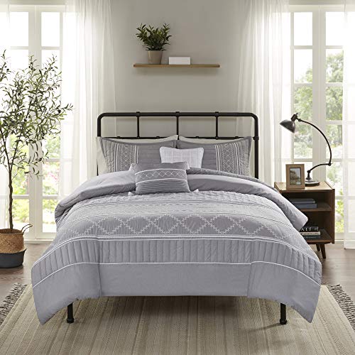 Madison Park Comforter Set, Embroidered Textured Heatherd Print All Season Down Alternative Cozy Bedding with Matching Shams, Decorative Pillow, Queen (90 in x 90 in), Kailee, Embroidery Grey 5 Piece