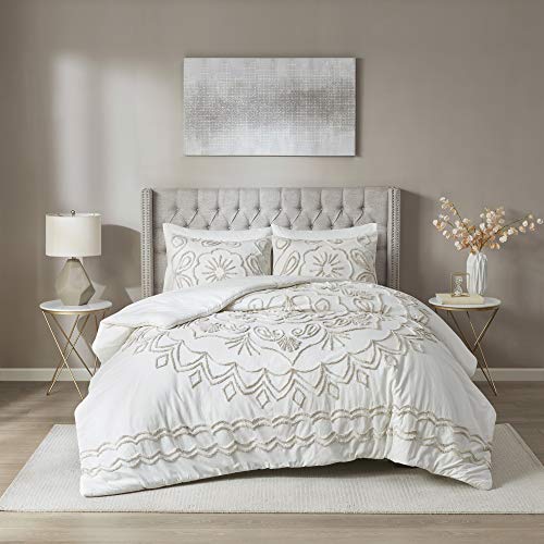 Madison Park Violette Chenille Cotton Tufted Comforter Large Medallion Design All Season, Hypoallergenic, Soft Bedding Set, Matching Sham, Full/Queen(90″ Wx90), Floral Ivory/Taupe 3 Piece
