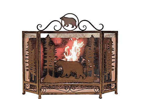 Bear in Forest Metal Fireplace Screen Lodge Cabin Mountain Style Home Decoration in Dark Brown