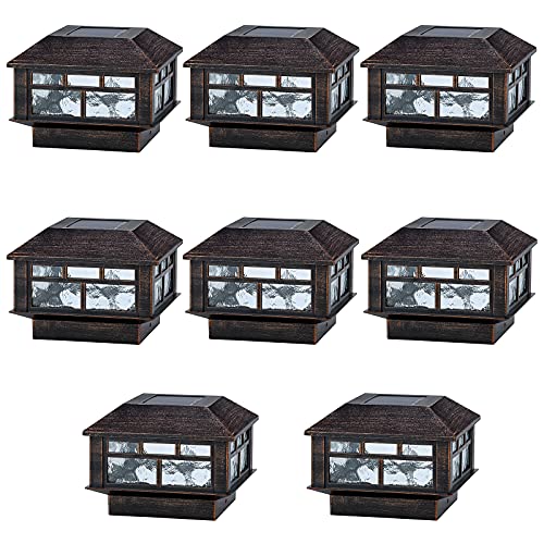 POWGDLT Solar Post Cap Lights Outdoor 20 Lumen Double LED Fence Post Solar Powered Waterproof Light-One-Fits-All Base for 4×4 or 5×5 Wood Posts in Patio, Deck or Garden Decoration, 8 Pack (Bronze)