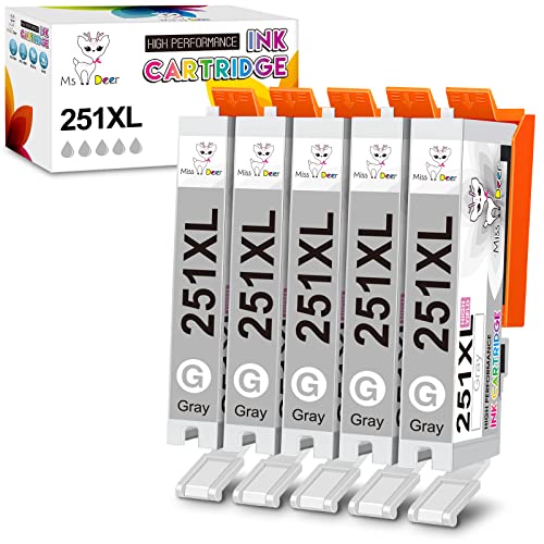 Miss Deer Compatible 251 Gray Ink Cartridge Replacement for Canon CLI-251 GY CLI-251XL CLI251XL 251XL Work with PIXMA MG6320 MG7120 MG7520 IP8720 Printer (5Gray) 5-Pack