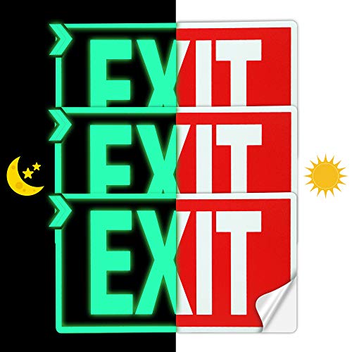 EXIT Signs Glow In The Dark EXIT Decals 3 Pack 12″x7″ EXIT Photoluminescent Signs Stickers, Glows For Up To 8 Hours