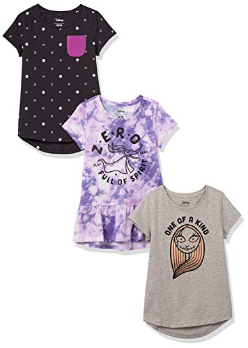 Amazon Essentials Disney | Marvel | Star Wars | Frozen | Princess Toddler Girls’ Short-Sleeve Tunic T-Shirts (Previously Spotted Zebra), Pack of 3, Black/Purple/Grey, Nightmare Spirit, 4T
