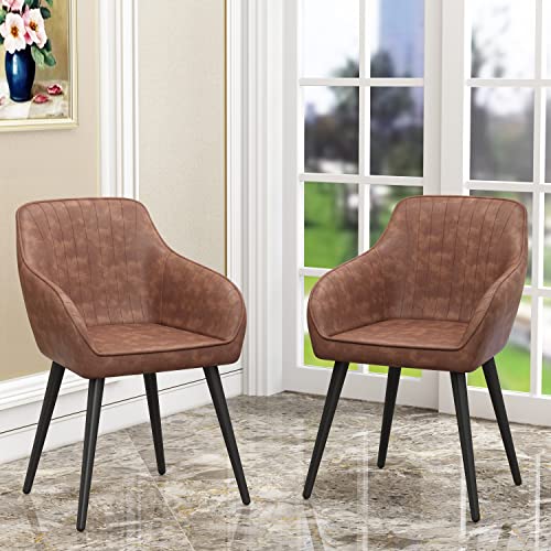 Tongli Brown Faux Leather Accent Chairs Set of 2 for Living Room Upholstered Reading Chair Modern Corner Chair Arm Chair with Sturdy Metal Legs Comfy Side Dining Chairs for Bedroom Window