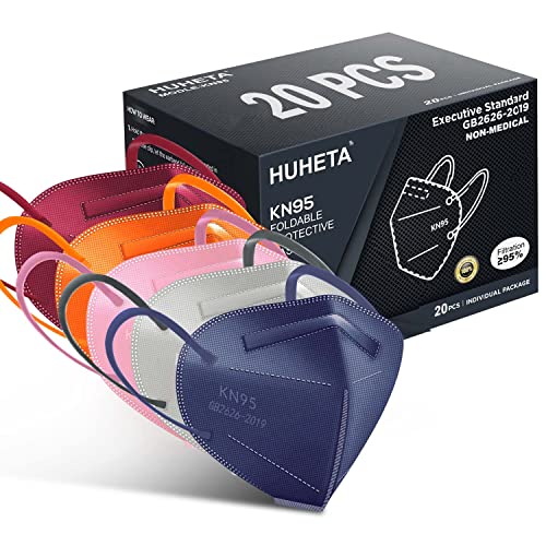 HUHETA KN95 Face Mask 20 Packs, 5 Layer Safety Mask with Elastic Ear Loop and Nose Bridge Clip, Filter Efficiency≥95%, Protective Masks for Indoor and Outdoor Use (Multicolored Mask)