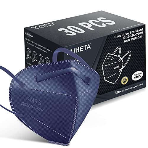 HUHETA KN95 Face Mask, 30 Pack Individually Wrapped, 5-Ply Breathable & Comfortable Safety Mask, Filter Efficiency=95%, Protective Cup Dust Masks Against PM2.5 (Royal Blue Mask)