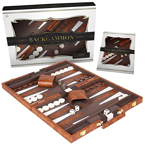 Crazy Games Backgammon Set – Classic Backgammon Sets for Adults Board Game with Premium Leather Case – Best Strategy & Tip Guide (Brown, Medium)