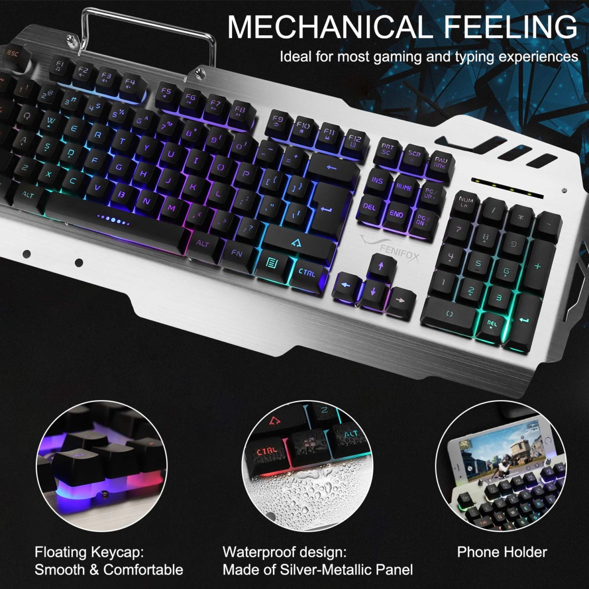 FENIFOX Gaming Keyboard and Mouse, Wired Backlit Rainbow Ergonomic Mechanical Feeling Led Removable Hand Rest Metal Panel,for Windows PC Gamer PS4 Xbox one | The Storepaperoomates Retail Market - Fast Affordable Shopping