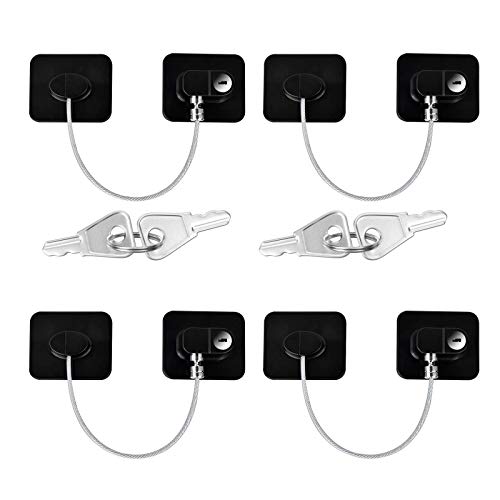 Refrigerator Lock,4 Pack Cabinet Locks Child Safety Latches with Strong Adhesives and Keys, Child Safety Strap Locks, Baby Locks for Cabinets, Drawers, Windows, Easy Install and Use（4 Pack (Black)