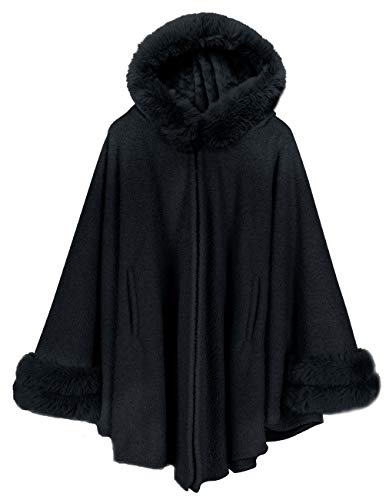 Dahlia Women’s Winter Poncho Cape with Faux Fur & Fleece Lined, Large Black
