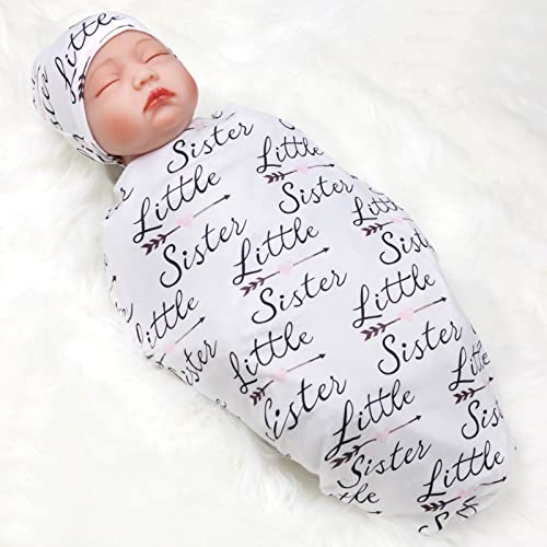 Ultra-Soft Newborn Receiving Blankets, Baby Girl Swaddle Blanket Set with Headband Hat, New Born Hospital Outfit Infant Shower Gift, 0-3 Months, Little Sister