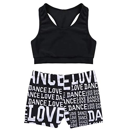 KKmeter Kids Girls Two Pieces Dance Outfit Crop Top with Shorts Clothing Sets for Athletic Sport Gymnastic Dancing Swimming (Black, 5-6)