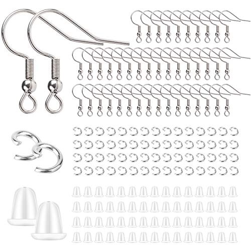 Stainless Steel Earring Hooks French Ear Wire, 600pcs Earring Making Findings Parts Jewels DIY Supplies Kits, with Silicone Earring Backs Stoppers & Open Jump Ring