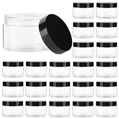 TUZAZO 24 Pack 4 Oz Plastic Jars with Lids and Labels BPA Free – Clear Empty Refillable Round 4oz Plastic Containers with Black Lids for Cosmetics, Lotions, Body Butters, Bath Salt & Beauty Products