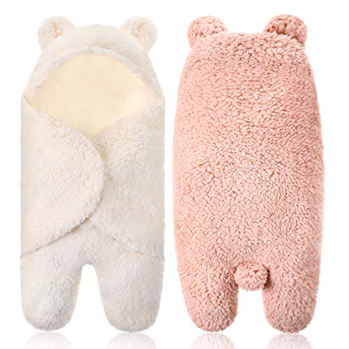 2 Pieces Newborn Plush Swaddle Blankets Cute Baby Hooded Swaddle Blanket Plush Bear Receiving Hooded Sleeping Bag Warm and Soft Swaddle Wrap for Infant Boys Girls (Brown and White)
