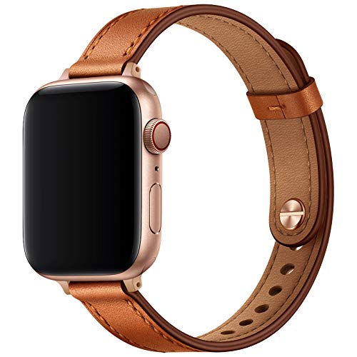 OUHENG Slim Band Compatible with Apple Watch Band 41mm 40mm 38mm, Women Genuine Leather Band Replacement Thin Strap for iWatch SE2 SE Series 8 7 6 5 4 3 2 1 (Brown/Rose Gold, 41mm 40mm 38mm)
