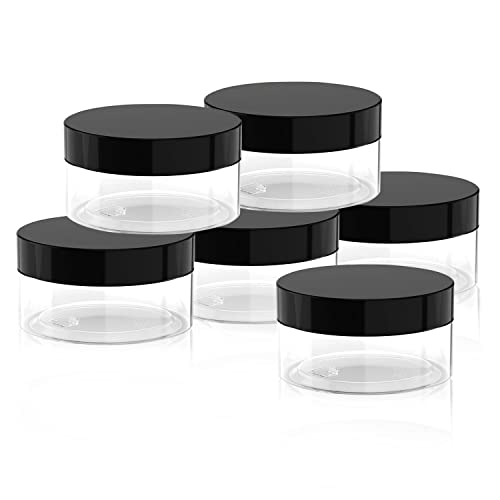 1oz Plastic Cosmetic Jars Leak Proof Clear Container with Black Lid for Cream, Lotion, Powder, ointment, Beauty Products etc, 6 Pcs.