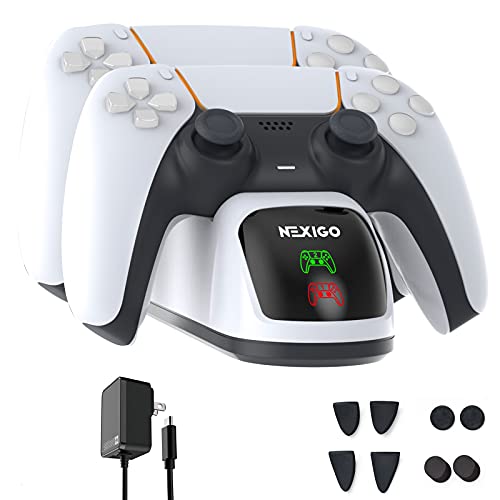 NexiGo PS5 DualSense Charging Station, Fast Charging AC Adapter with Thumb Grips & Trigger Extenders, Controller Charger for Dual Playstation 5 Controllers, Charging Dock with LED Indicator, White