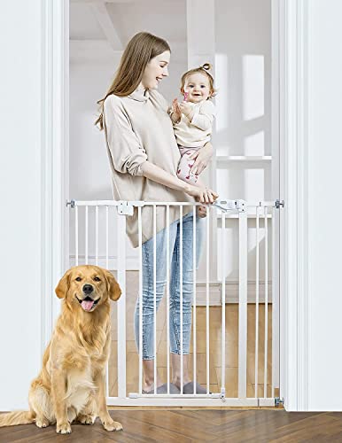 InnoTruth 29″- 39.6“ Baby Gate for Doorways and Stairs, 36″ Extra Tall No Drill Wall Protected Dog Gate, 45cm Wide Walk Thru Auto Close Metal Child Gate, Easy to Install and One-Hand Opening, White