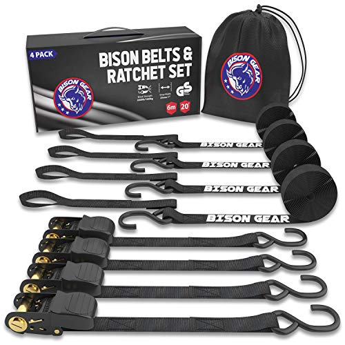 Ratchet Tie Down Straps 20ft 4 Pack by Bison Gear® UV Resistant 2200lb Heavy Duty Cargo Straps with Ergonomic Rubber Grips & Coated Deep S Hooks – Safety Standards Certified (Black)