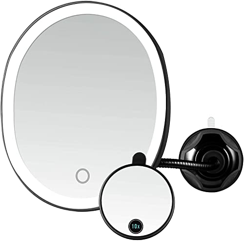 Ovente 8.5” Lighted Makeup Mirror, Rechargeable Swivel Gooseneck with Attachable Suction Cup Mount, 10X Magnetic Mini Magnifier, Dimmable LED, For Bathroom, Home & Travel, USB Powered, Black MOW22B