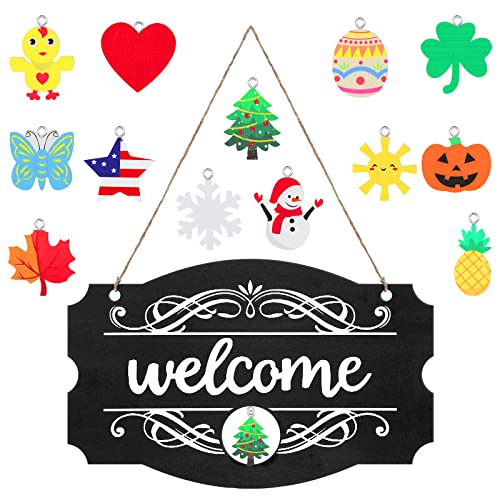 Welcome Door Sign Interchangeable Seasonal Front Door Decor Rustic Wood Welcome Sign Wall Hanging Porch Decoration for Fall Christmas Easter Thanksgiving, 14 x 9 Inch (Black with White Letters)