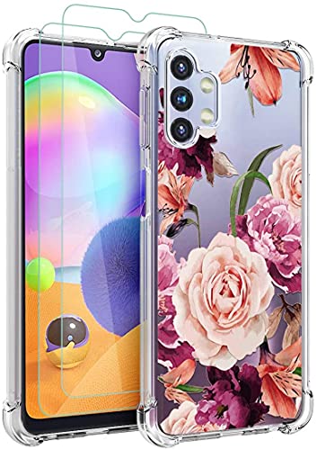 Osophter for Galaxy A32 5G Case Girls Women Flower Floral with Screen Protector Shock-Absorption Flexible TPU Rubber Phone Cover for Samsung Galaxy A32 5G(Purple Flower)