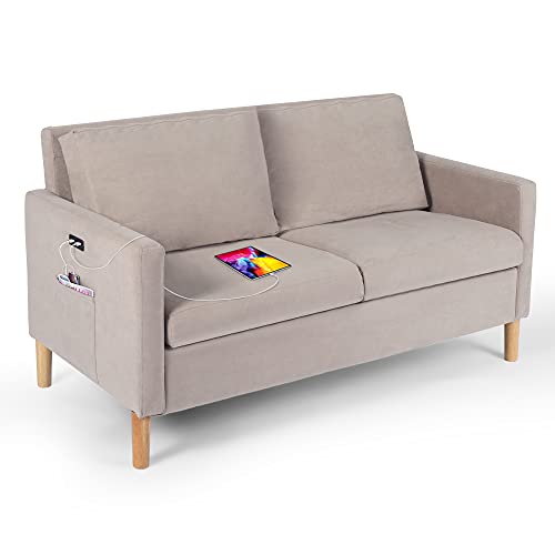 HFG 55inch Modern Fabric Love Seats Sofa with 2 USB, Suitable for Small Spaces Soft Pillows Easy to Install Light Grey