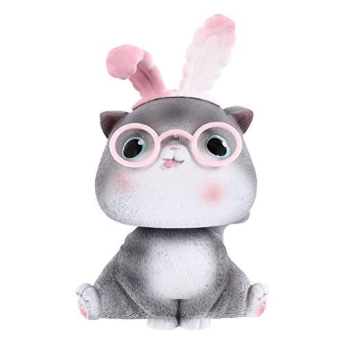 Amosfun Cat Bobblehead Ornaments Shaking Head Rabbit Ear Lucky Cat Figurines Animal Dancing Figure Toy Car Dashboard Decorations for Vehicle Home Office Desktop (Grey A)