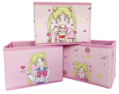 NocksyDecal Sailor Girl Storage Bins Set, Anime Cartoon Storage Box Pink Cute Storage Cube Basket Bin Organizer, Desk Organizer for Office Bedroom Home, Closet (3Pcs/Set)