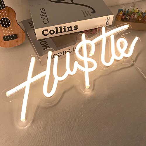 Hustle Neon Sign for Wall Decor, 5V USB Power, Special Neon Hustle Signs with Dimmer, Hustle Led Neon Signs for Bedroom Office, Size 17×7 inches, Warm White by DIVATLA
