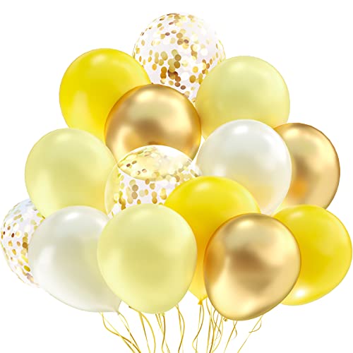 Yellow White Gold Confetti Balloons – 60 Pack 12 inch Pastel Yellow Latex Party Balloon for Sunflower Honeybee Theme, Birthday, Baby Shower, Wedding Decorations