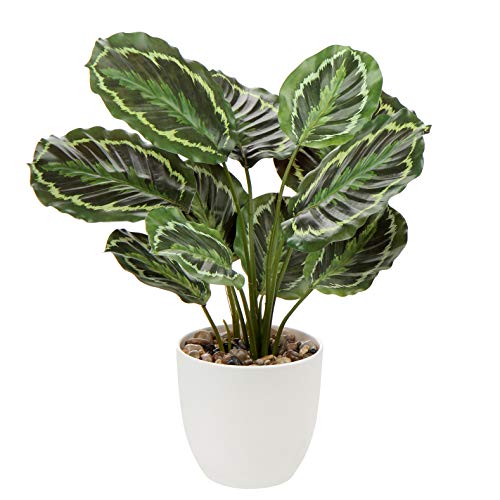 Briful 18’’ Tall Fake Houseplant Artificial Calathea Plant Faux Potted Plant in White Pot for Living Room Table Indoor Decor
