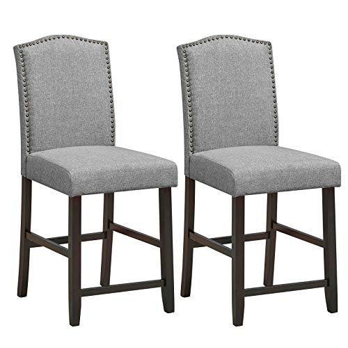 COSTWAY Bar Stools Set of 2, 25” Upholstered Counter Height Bar Stools with S-Shaped Spring Thick Cushion, Rubber Wood Legs, High Back Leisure Chairs for Living, Kitchen, Dining Room (Grey, 2)