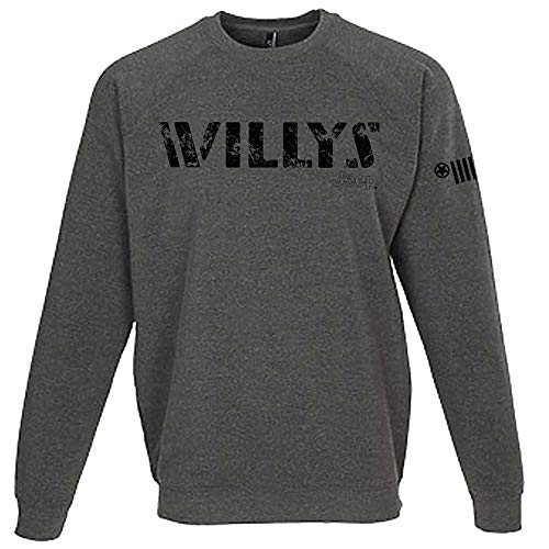 Jeep Mens Willys Crew Sweatshirt Grey, 2 Classic Logos, Licensed and Authentic (XL)