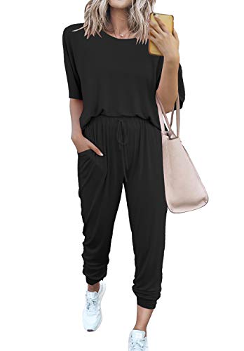 PRETTYGARDEN Women’s Two Piece Outfit Short Sleeve Pullover with Drawstring Long Pants Tracksuit Jogger Set (A-black,Medium)