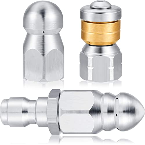 3 Pieces Sewer Jetter Nozzle Rotating Button Nose Sewer Jetting Nozzle Stainless Steel Fixed Sewer Nozzle with Different Models for 1/4 Inch Pressure Washer Quick Connector Pressure up to 5000 PSI
