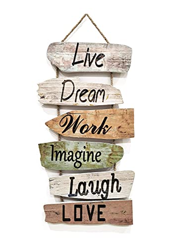 Hanging Wall Sign Rustic Wooden Wall Sign (Live, Dream, Work, Imagine, Laugh, Love) Wood Wall Decoration for Home Decor