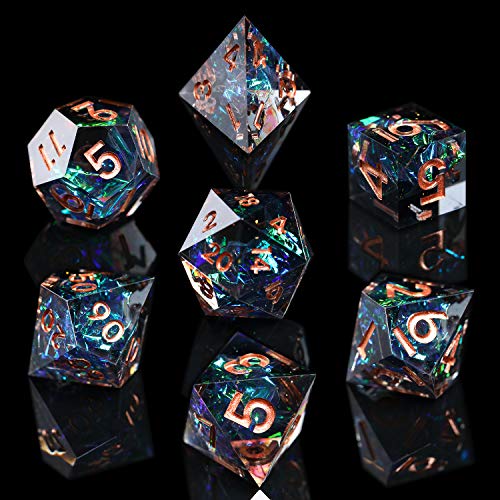 AUSPDICE DND Dice Set Handcrafted Designer 7-Die Polyhedral RPG Dice Set with Sharp Edges and Beautiful Inclusions for Aesthetic Conscious Tabletop RPG Player Galaxy Series (Dark Color)