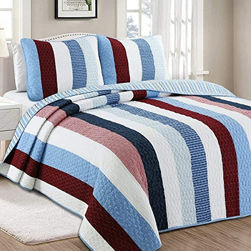 Cozy Line Home Fashions Blue Striped 100% Cotton Quilt Bedding Set, Reversible Coverlet, Bedspread Set (Blake Stripe, Queen – 3 Piece)