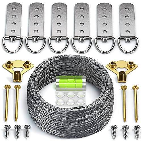 Heavy Duty Picture Wire Hanging Kit – D-Ring, Screws, Hanging Hooks,Level. Supports up to 110 lbs 50+ Feet (15.25M) Stainless Steel Wire Hanger