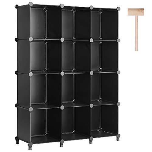 Puroma Cube Storage Organizer 12-Cube Closet Storage Shelves with Wooden Mallet DIY Closet Cabinet Bookshelf Plastic Square Organizer Shelving for Home, Office, Bedroom – Black