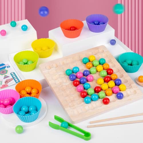 Kids Funny Rainbow Wooden Board Bead Game, Wooden Peg Board Game Montessori Game, Color Matching Sorting Learning Educational Toys for Boys Girl Birthday Gifts