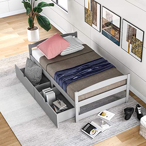 SOFTSEA Twin Daybed with Storage Drawers/Mattress Foundation/Wood Slat Support, Twin Bed Frame for Kids, Teens, Gray