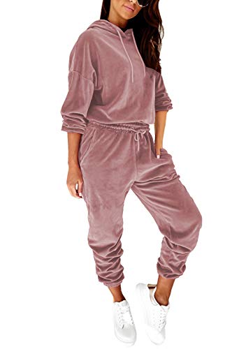 AOHITE Women’s Activewear Velour Long Sleeve Hoodie Drawstring Pants Sport Sweat Suits 2 Piece Tracksuits Outfits Pink M