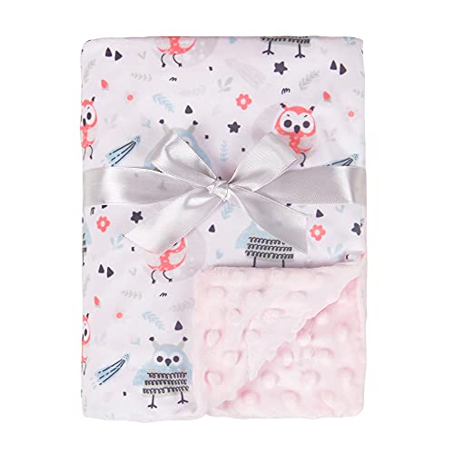 NKKFREY Baby Girl Blanket Super Soft Minky with Double Layer Dotted Pink Backing,Cute Owl Design Printed 30×40 Inch,Receiving Blankets.