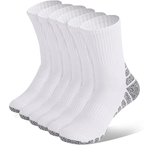 Meinice Athletic Crew Socks 6 Pairs Cushion Running Socks Sport Wicking Socks for Women/Men(L,White)